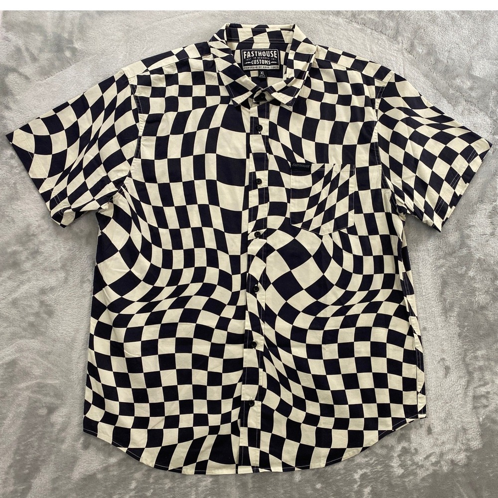 Fasthouse Trip SS Button Up Mens XL Black White Warped Checkerboard Moto Shirt